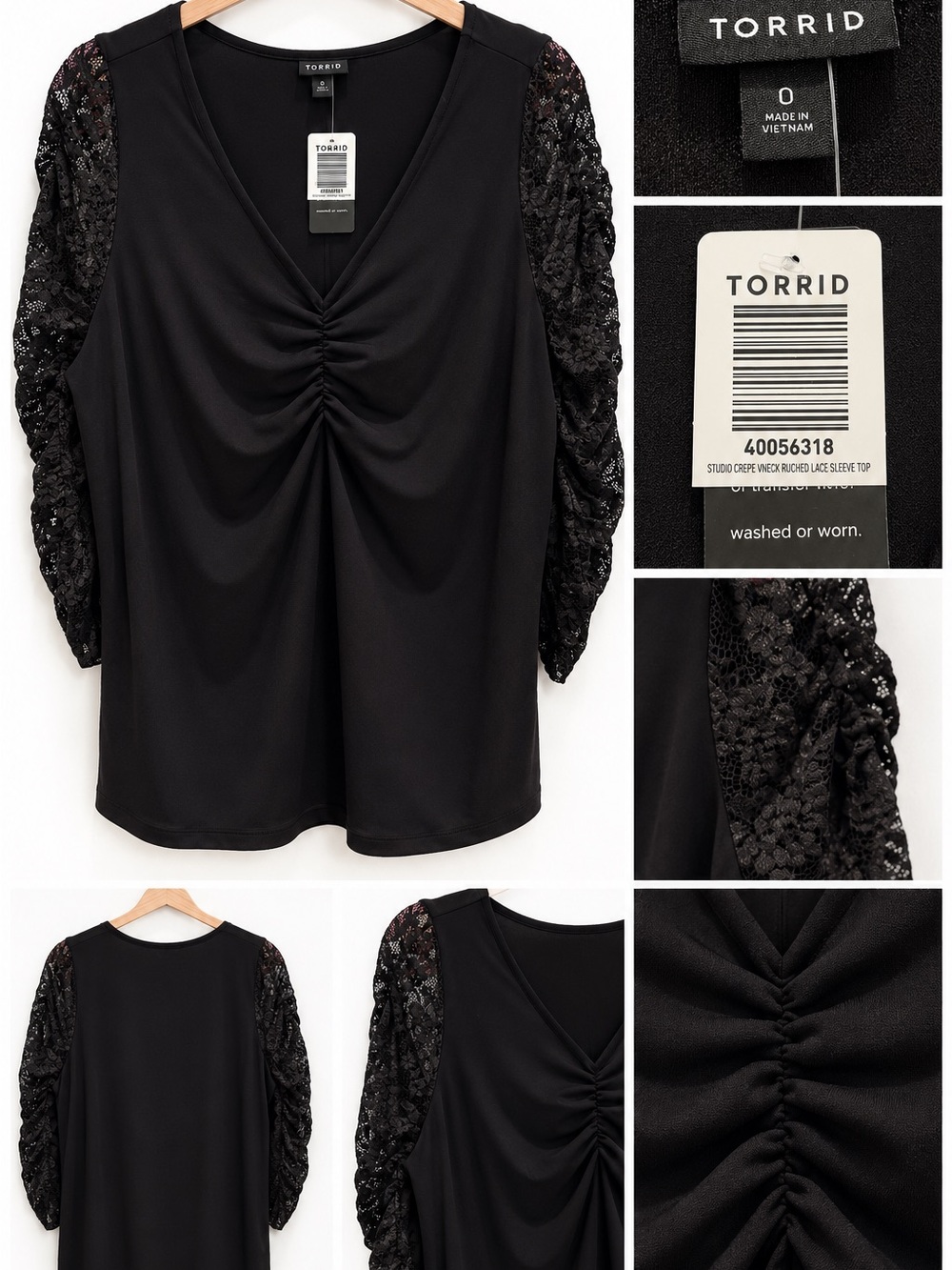 torrid Black V-Neck Ruched Front Tunic with Lace 3/4 Sleeves